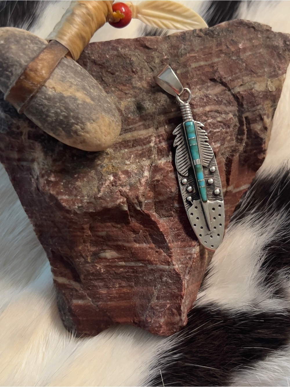 Turquoise Feather Pendant Necklace - Silver Tone